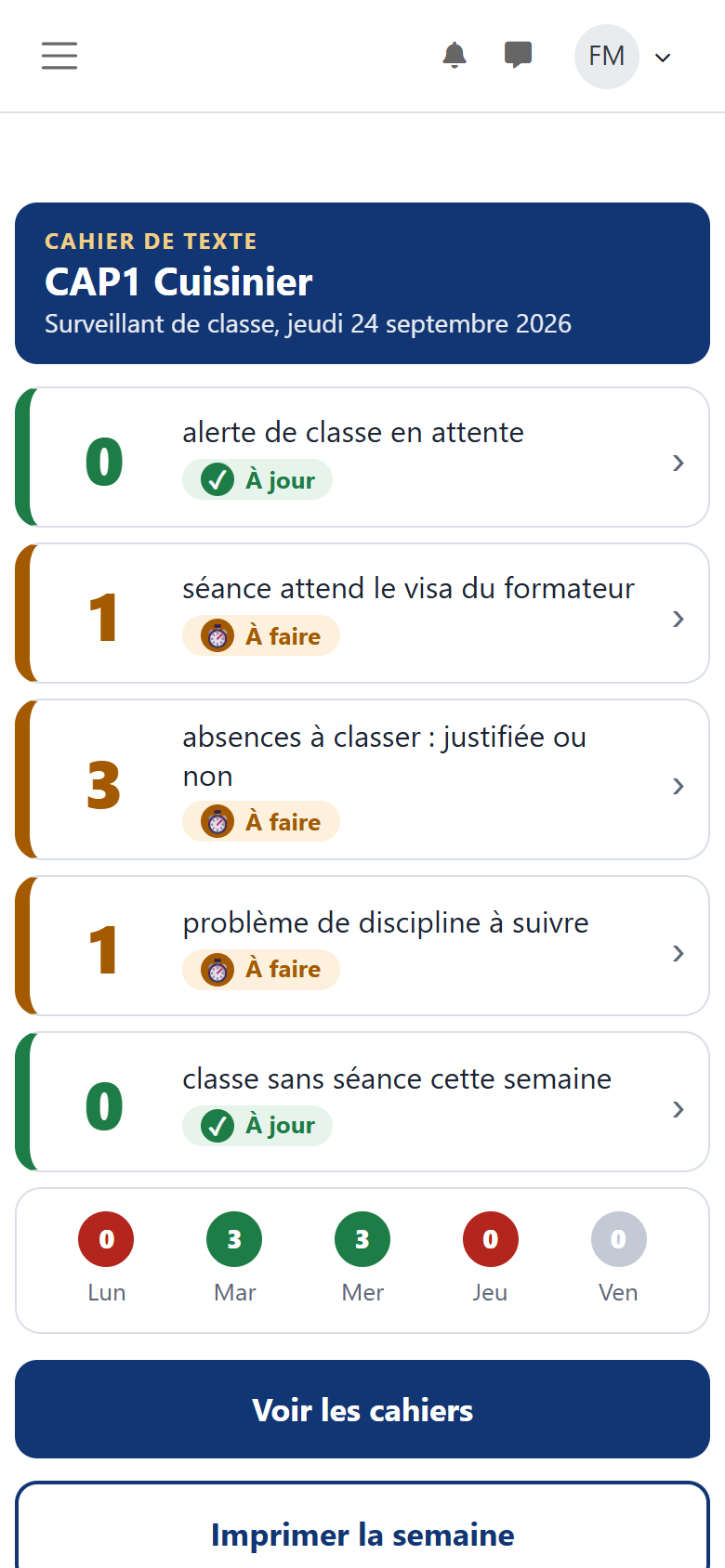 Le même tableau de bord sur un téléphone, pour le surveillant de classe