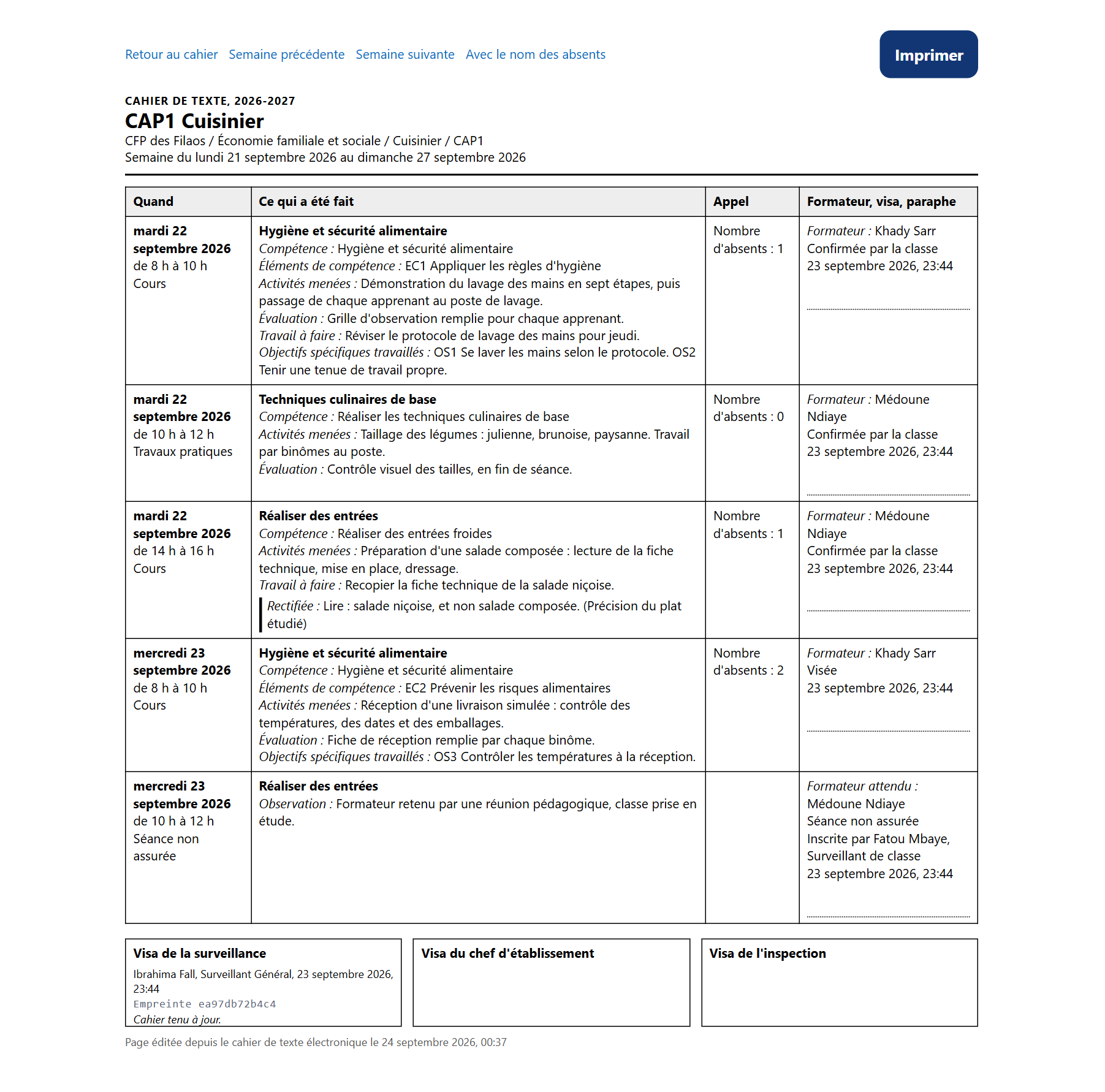 Page imprimable de la semaine : séances, appel, formateur, visas de la surveillance, de la direction et de l'inspection